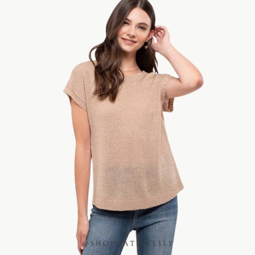 Mine Lace Up Back Knit Top Size Large Taupe Short Sleeve Lightweight NWT